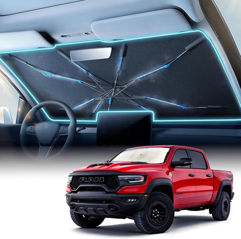 Nmoiss for RAM Trucks Windshield Sun Shade Umbrella — Custom Large Fit for RAM 1500/2500/3500, 99% UV Blocking, Protects Truck Interior from Extreme Heat (61" × 35") - Image 1